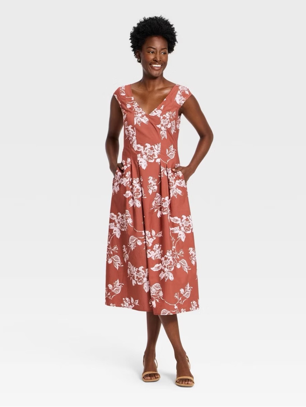 a new day Brown/pink  Floral V‑Neck Midi Dress